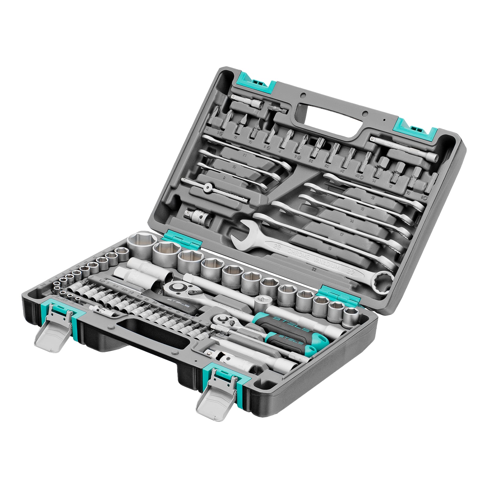 Набор инструментов, 1/2", 1/4", CrV, пластиковый кейс 82 предмета Stels︇
